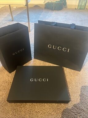 Gucci Black Branded Shopping Bags and Box